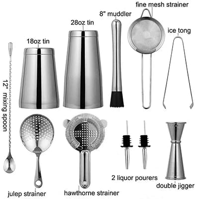 Ensemble de barman pour cocktails : Shakers Boston lestés, Ensemble de passoires à cocktails, Jigger