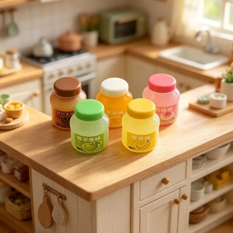 5 pièces de jouets miniatures en forme de pots de confiture de fruits, 5 saveurs assorties, réalistes et mignons, pour maison de poupée, diorama, décoration artisanale DIY