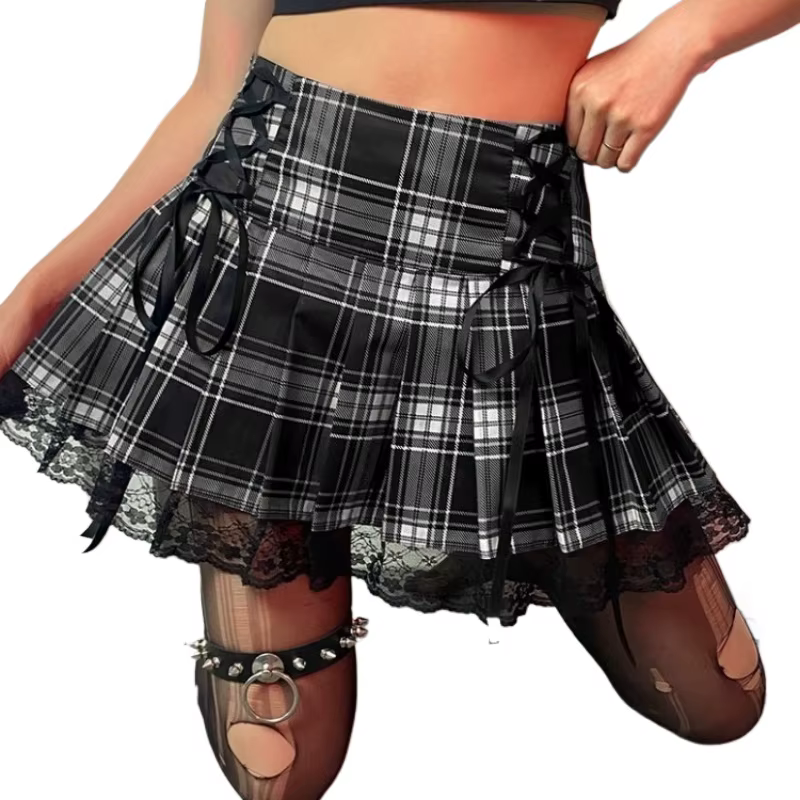 E-girl – jupe plissée rétro à lacets, taille haute, imprimé écossais, ourlet cousu en maille, esthét