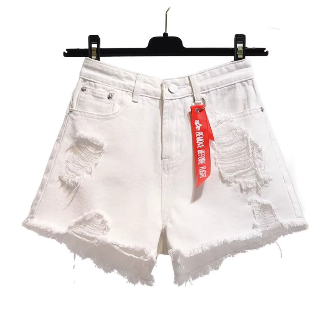 Shorts en jean tendance déchirés taille haute, polyvalents, avec ourlet effiloché et franges, 2024
