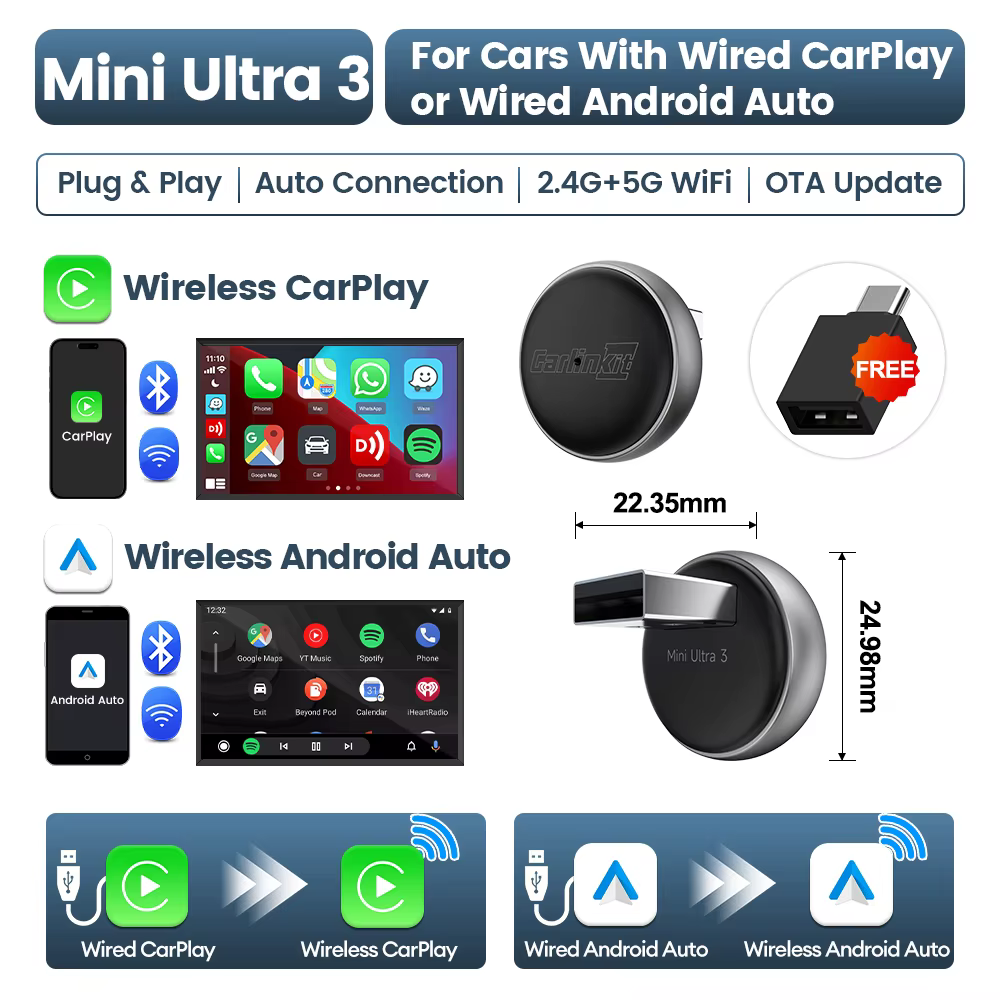 Mini Ultra 3 CarlinKit 5.0 sans fil Android Auto CarPlay adaptateur sans fil WiFi BLE connexion auto