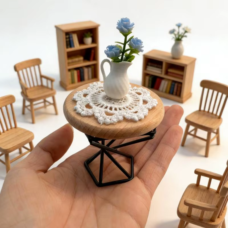Mini table basse ronde pour maison de poupée, accessoires de meubles avec modèle de vase, ornement r