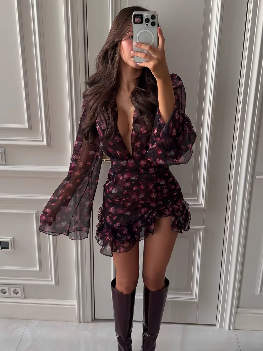 Robe Courte Sexy Imprimée à Col en V et Volants pour Femme, Manches Longues, Taille Haute, Coupe Sli