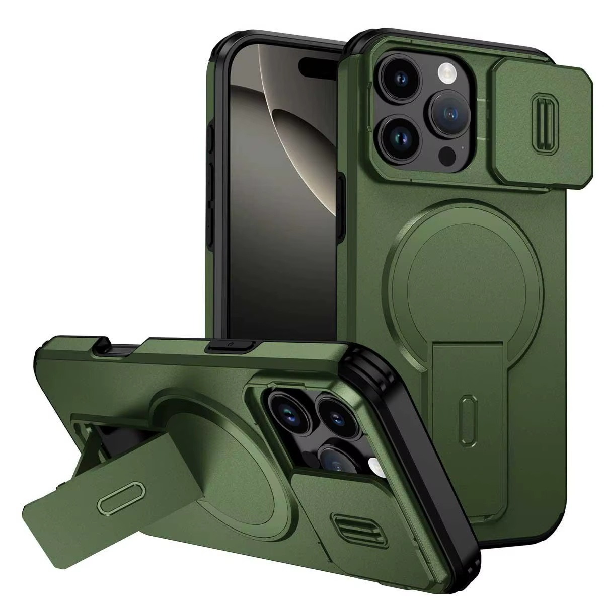 Étui de téléphone robuste avec support magnétique coulissant et béquille pour iPhone 16 15 14 13 12 