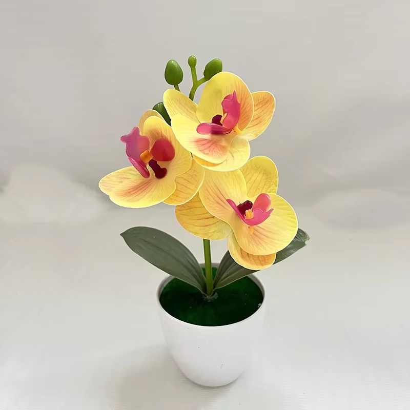 Mini Plante en Pot Artificielle Orchidée Papillon à 3 Fleurs, Accessoire Végétal Vert pour Décoratio