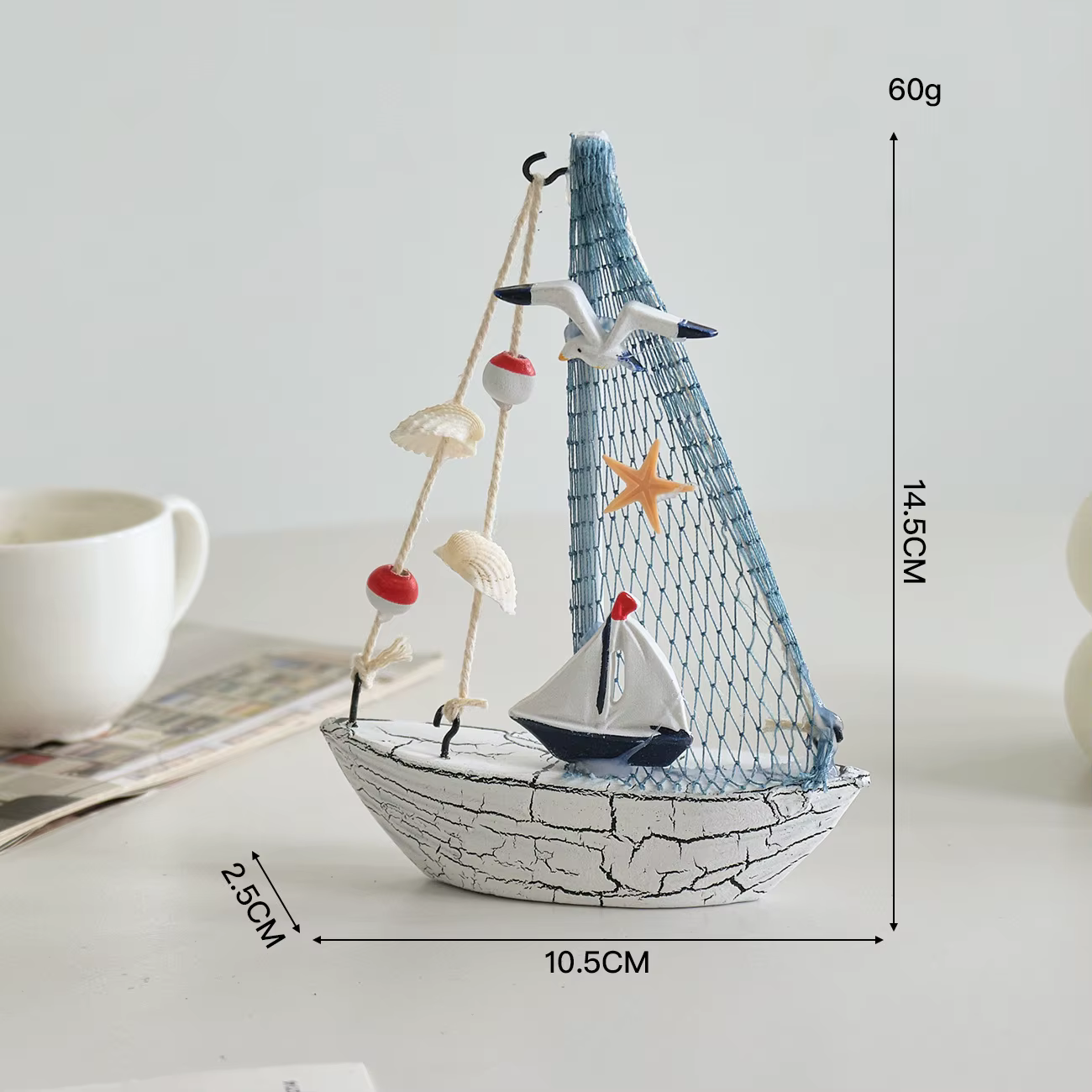 Mini bateau à voile en bois méditerranéen décoré de coquillages, décoration de chambre