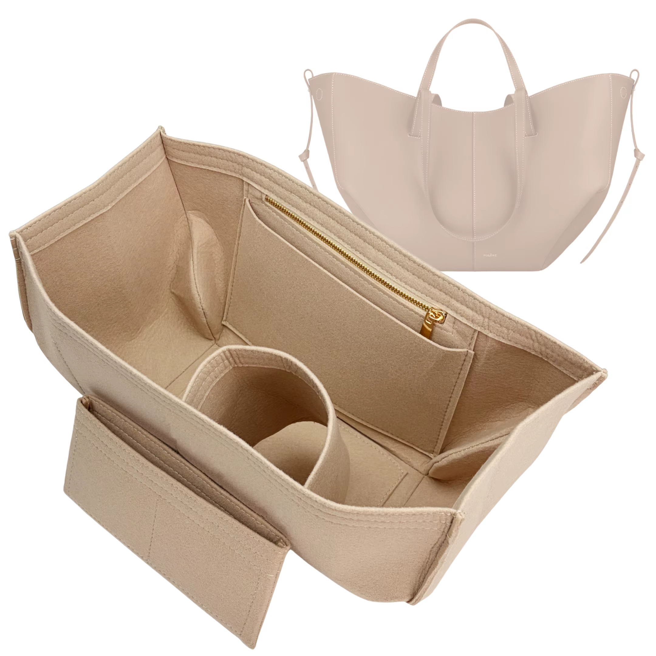 Organisateur de sac en feutre avec fermeture éclair et porte-bouteille, compatible avec les sacs Cyme Large/Mini Tote, insert de rangement et pochette de maintien de forme
