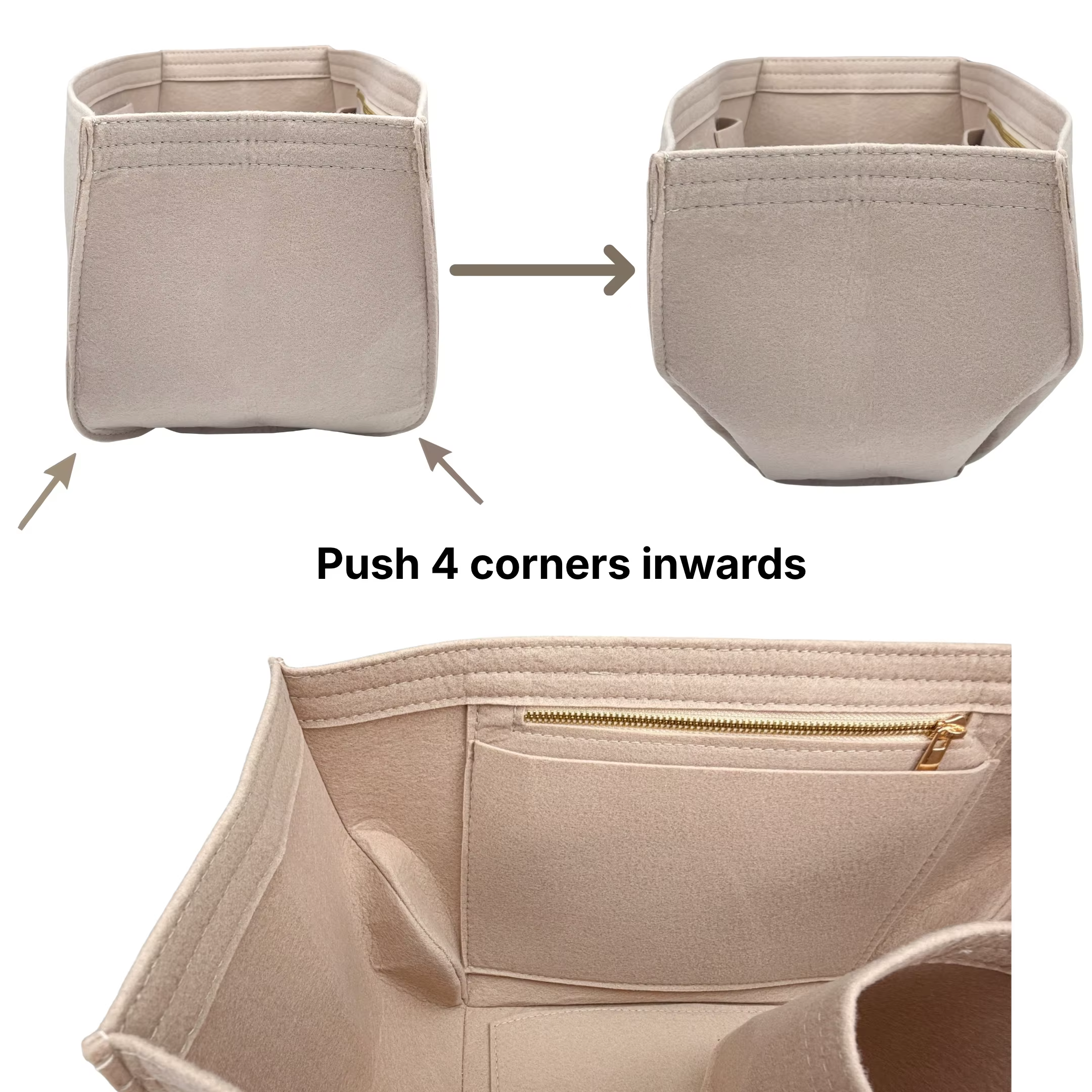 Organisateur de sac en feutre avec fermeture éclair et porte-bouteille, compatible avec les sacs Cyme Large/Mini Tote, insert de rangement et pochette de maintien de forme