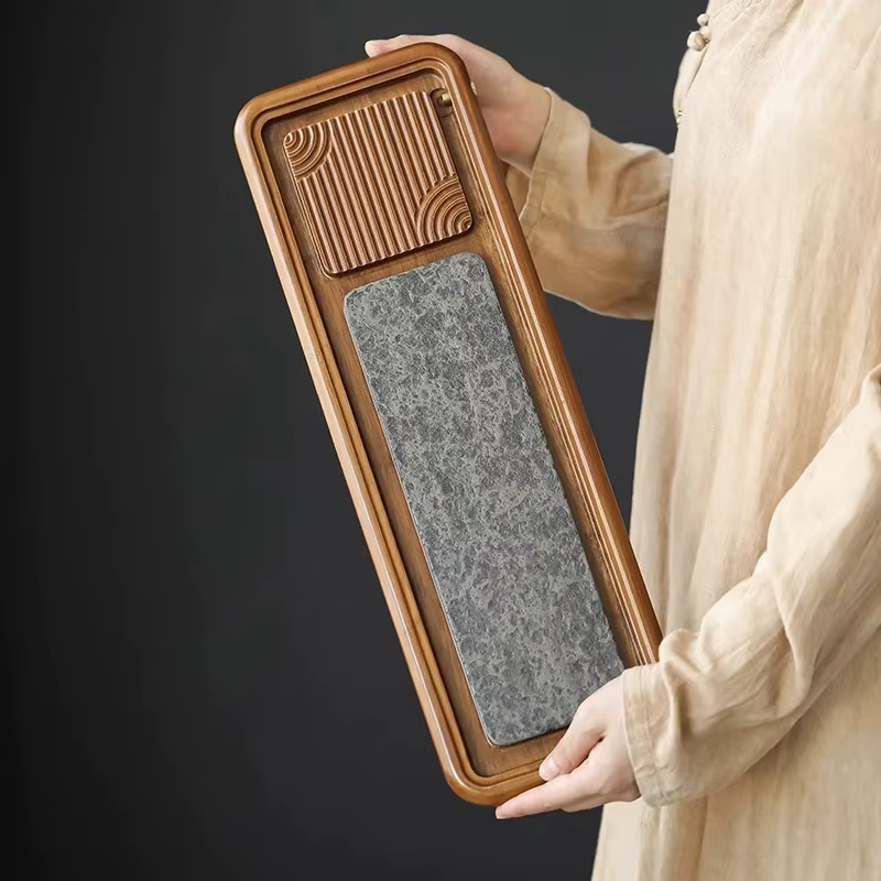 Mini service à thé Kungfu avec plateau en bambou lourd, assiette rectangulaire de brassage à sec, planche de service de cérémonie domestique de Style naturel