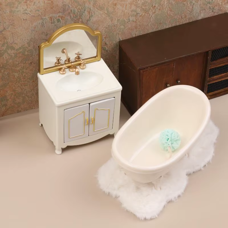 Modèle de meubles de salle de bain pour maison de poupée 1/12 : baignoire, toilettes, lavabo, armoire - Accessoires de décoration pour maison de poupée