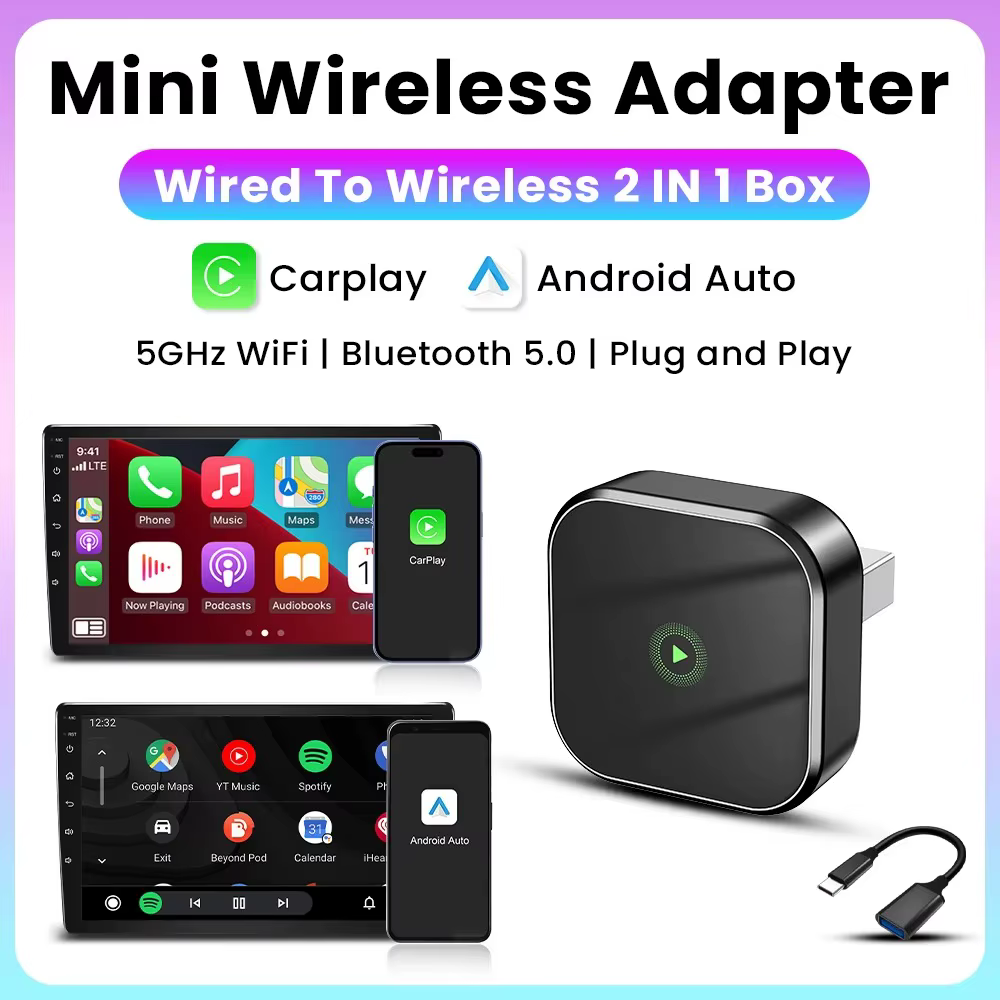 Mini adaptateur 2 en 1 Ai Box filaire vers sans fil CarPlay & Android Auto, WiFi 5 GHz, clé USB, Plug & Play pour voiture avec CarPlay filaire