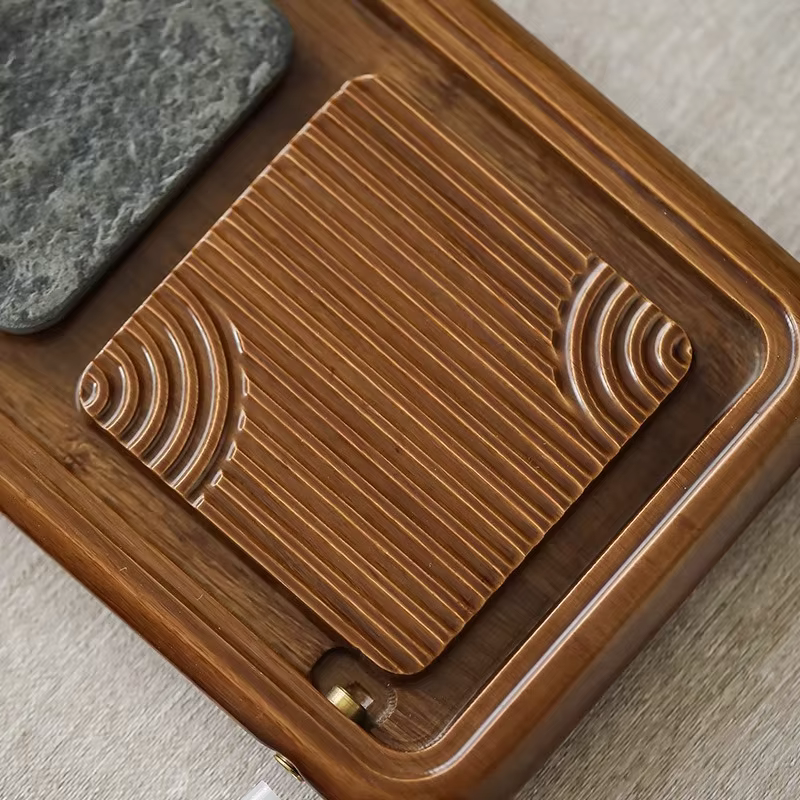 Mini service à thé Kungfu avec plateau en bambou lourd, assiette rectangulaire de brassage à sec, planche de service de cérémonie domestique de Style naturel