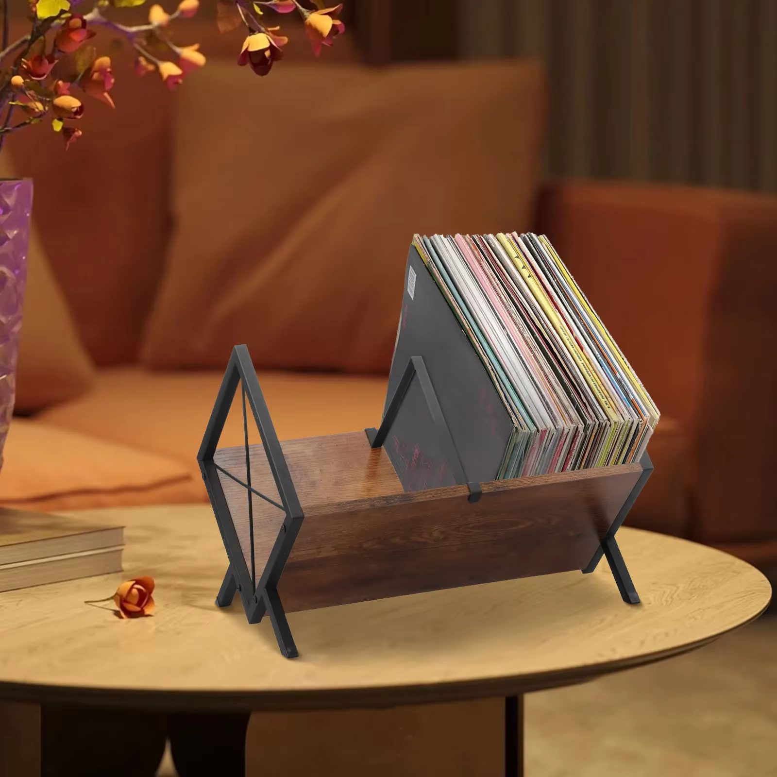 Support de rangement pour disques vinyles, support de rangement de bureau en bois et métal avec séparateur réglable, support décoratif pour disques vinyles, support d'album