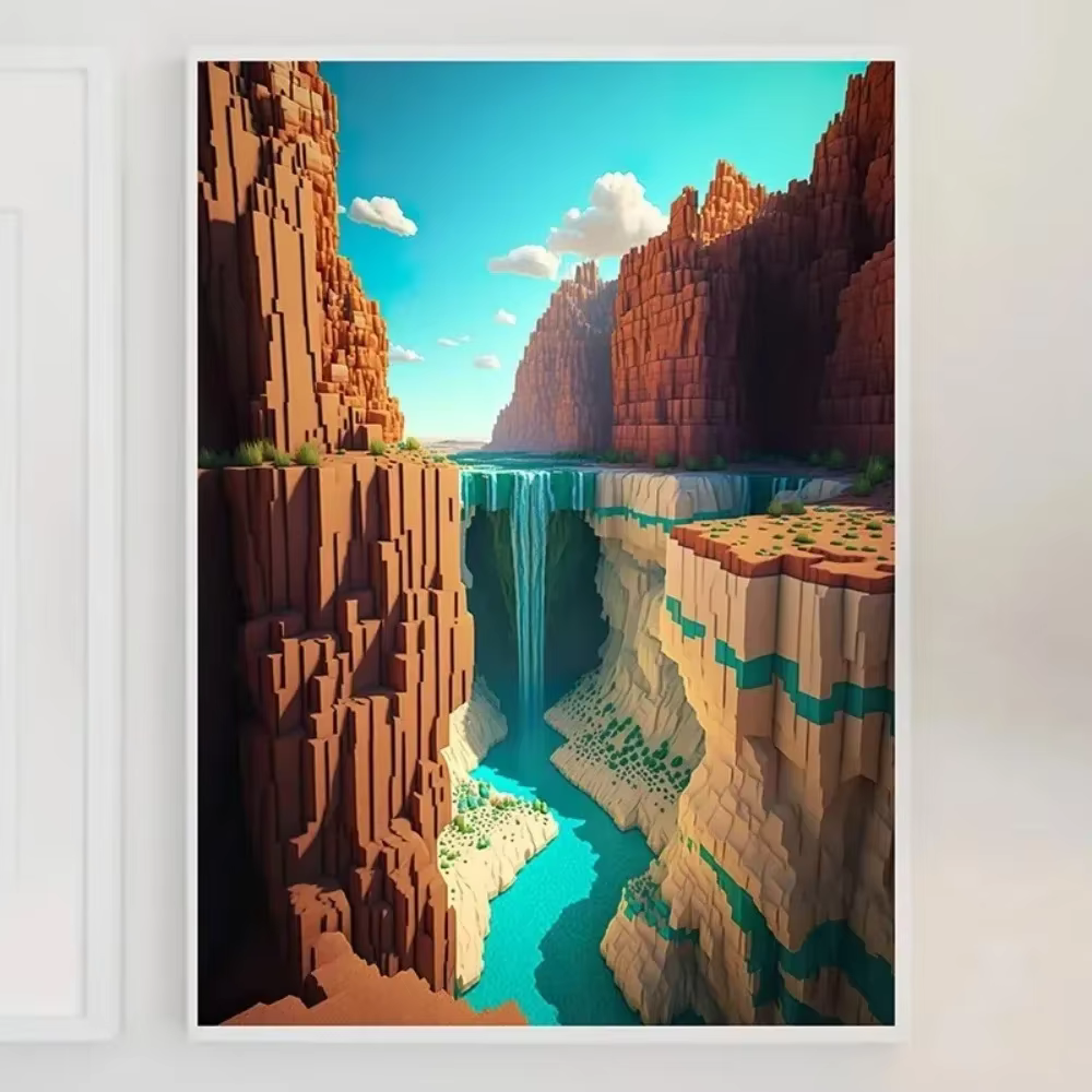 Peinture sur toile Mine Game Pixel Craft Paysage, Art mural moderne pour Salon et Salle de jeux, Décoration intérieure
