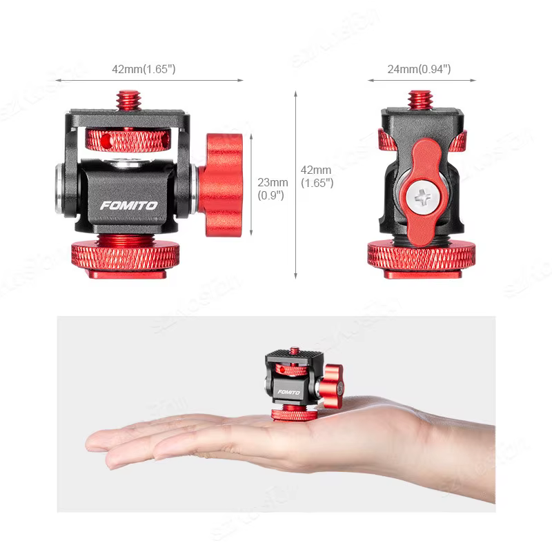Tête de trépied avec sabot froid, mini support de moniteur, adaptateur de montage, percussion et inclinaison réglables pour flash, microphone, lumière d'appoint