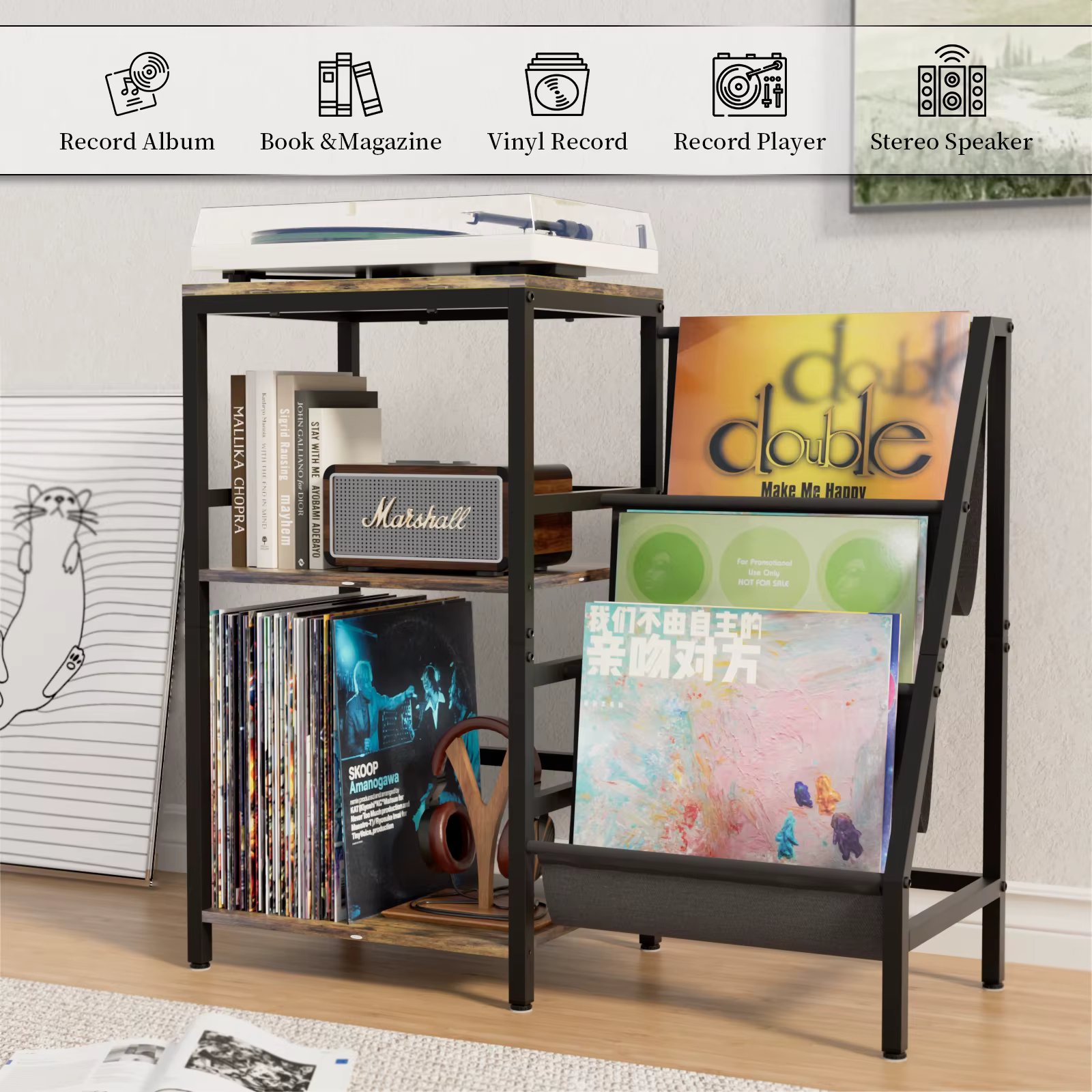 Support de Table de rangement pour disques vinyles, présentoir LP, armoire organisée multifonction, étagère sur pied en métal et bois, support de rangement