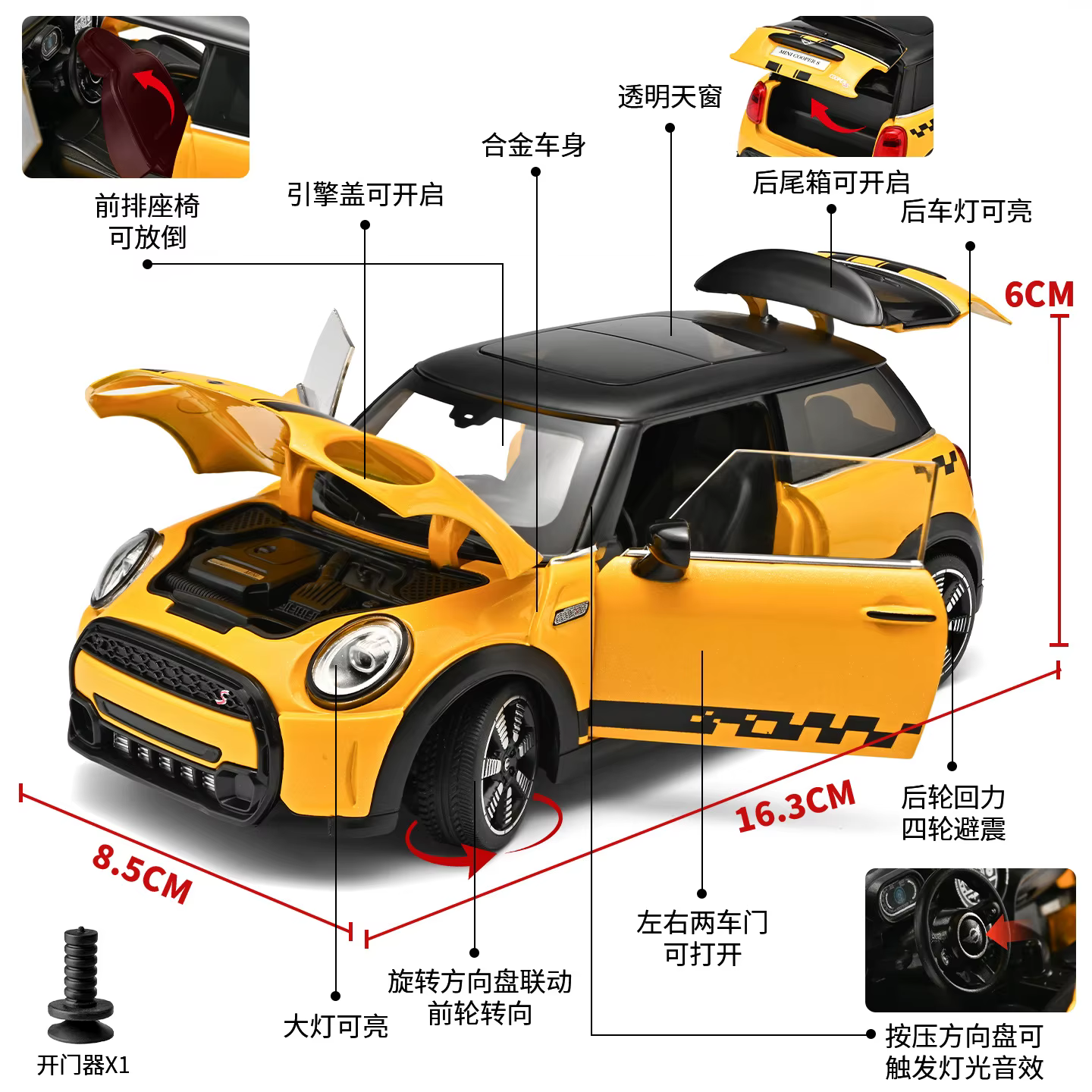 Mini Cooper S 1:18, version classique, voiture compacte britannique rétro, modèle en alliage moulé sous pression, avec fonction de recul, lumières et son