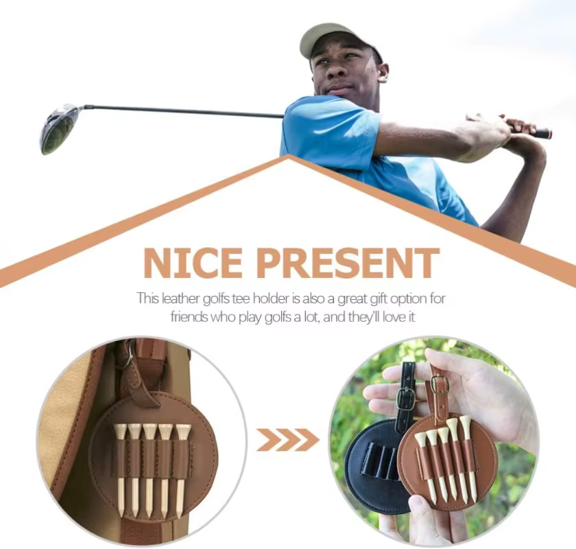 Accessoires de golf : Sac de rangement portable pour tees de golf en cuir PU, avec trous de rangement pour tees en bois, fixation facile sur ceinture, pour hommes et femmes