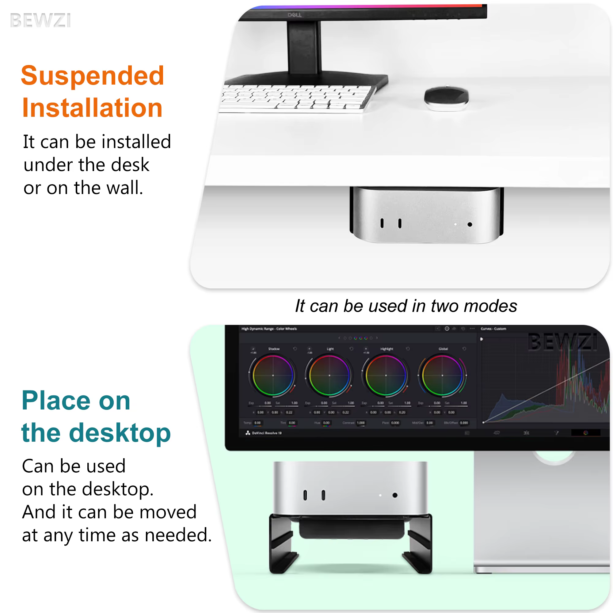 Support pour Mac Mini M4 / M4 Pro, adapté à une utilisation murale et sur bureau. Support pour Mac Mini M4 : Améliore le refroidissement et l'expérience des boutons