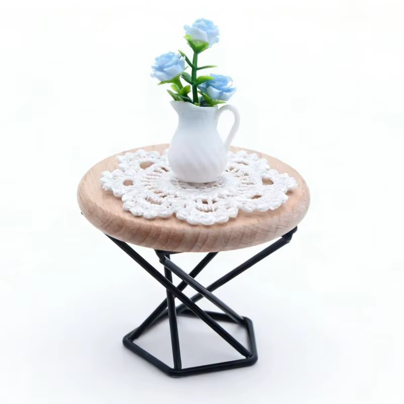 Mini table basse ronde pour maison de poupée, accessoires de meubles avec modèle de vase, ornement réaliste pour scène de décoration DIY
