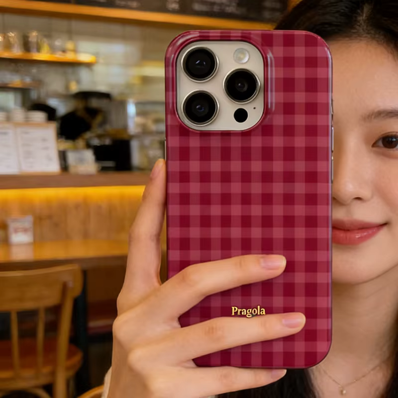 Coque Ins Rétro Minimaliste à Motif Carreaux Rose Rouge pour iPhone 11 13 14 15 16 17 Pro Max 12 Mini 7 8 Plus AIR XXS XR Y2K