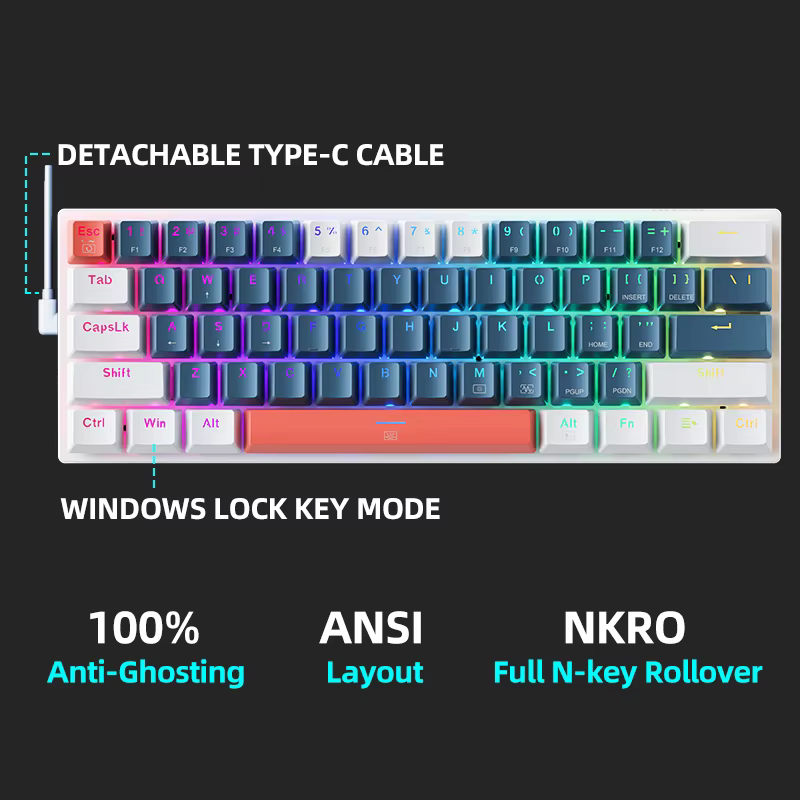 K500-B61 Machenike Mini clavier mécanique 60% facteur de forme 61 touches clavier de jeu filaire clé complète échangeable à chaud rvb rétro-éclairé