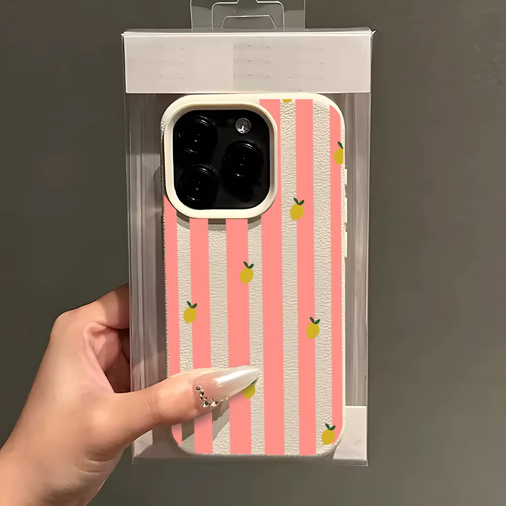 Coque de téléphone motif citron rayé rose beige pour iPhone 17 16 15 14 13 12 11 Pro Max 14 15 Plus 17 Air X Xs XR, Housse souple Litchi