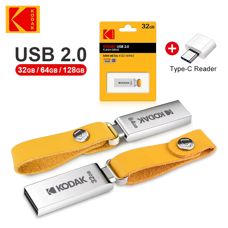 Clés USB KODAK Mini Metal 32 Go 64 Go 100 % originales avec cordon OTG pour clés, lecteur USB 2.0, clé USB pour adaptateur Type-C