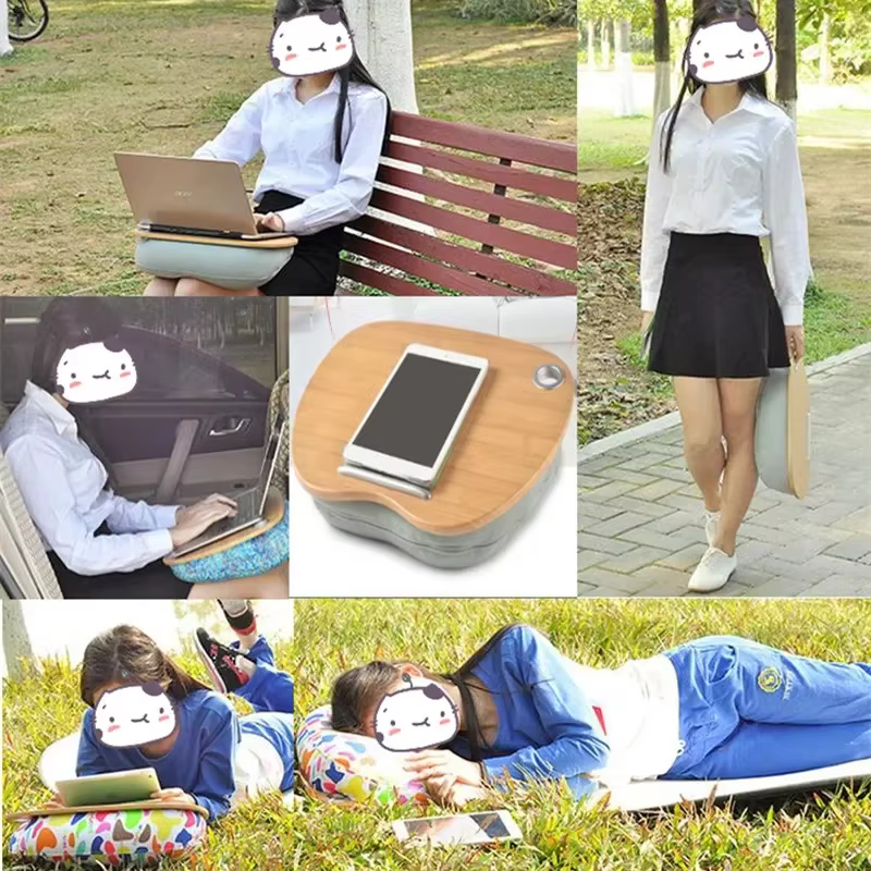 Mini Table multifonctionnelle pour ordinateur portable, supports pour coussin/téléphone/livre portable pique-nique/Camping/canapé, coussin de siège, tasse, plateau en bois