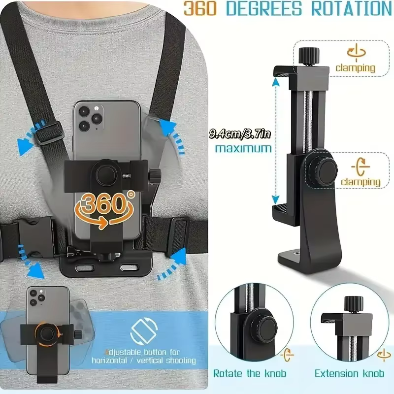 Support de téléphone réglable avec sangle de poitrine, fixation rapide pour appareil photo de sport, support de téléphone portable, accessoire noir, 1 PC