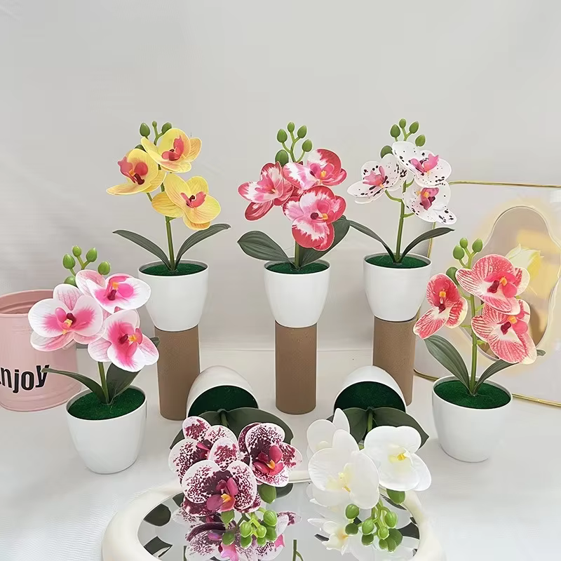 Mini Plante en Pot Artificielle Orchidée Papillon à 3 Fleurs, Accessoire Végétal Vert pour Décoration de Salon et Maison