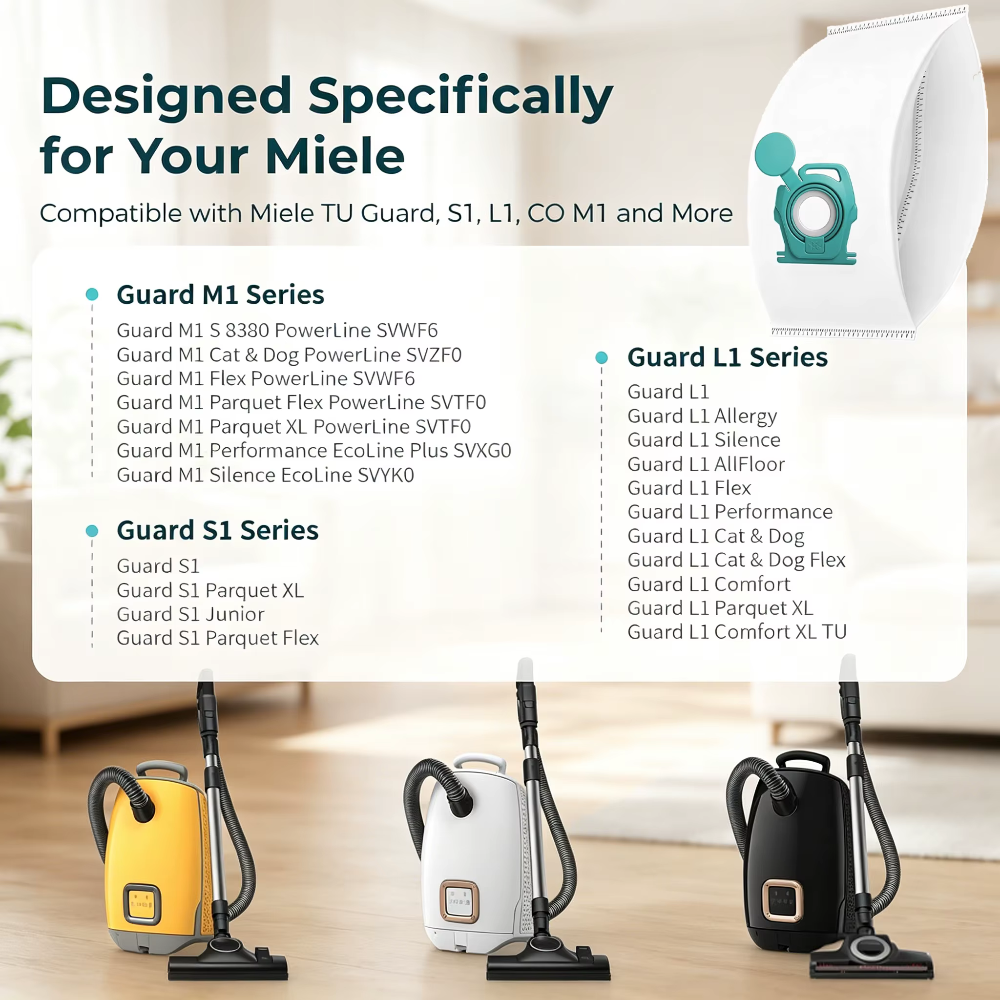 12 sacs d'aspirateur + 4 filtres moteur + 4 filtres d'évacuation + 1 brosse de nettoyage pour aspirateurs Miele Guard S1, TU Guard L1, CO Guard M1 S8380 – Accessoires