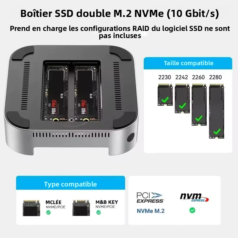 Station d'accueil USB-C 10 en 1 Acasis, double SSD M.2 NVMe 10 Gbit/s, HDMI 4K 60 Hz, USB-A 3.1 PD 30 W, boîtier pour Mac Mini M4/M4 Pro