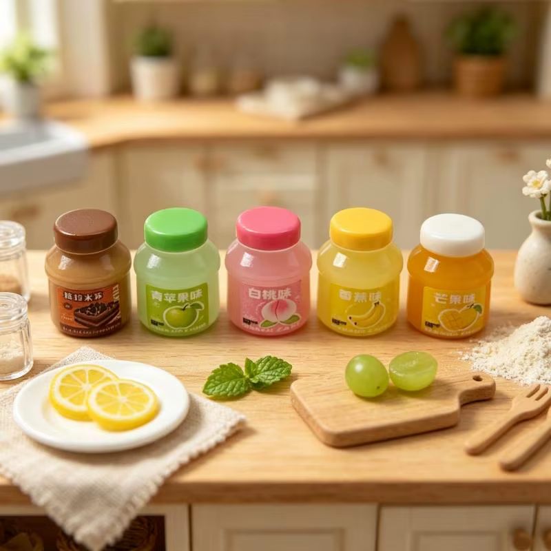TH 5 pièces, nouveaux jouets miniatures en forme de pots de confiture de fruits, 5 saveurs assorties, réalistes et mignons, pour maison de poupée, diorama, bricolage, décoration artisanale