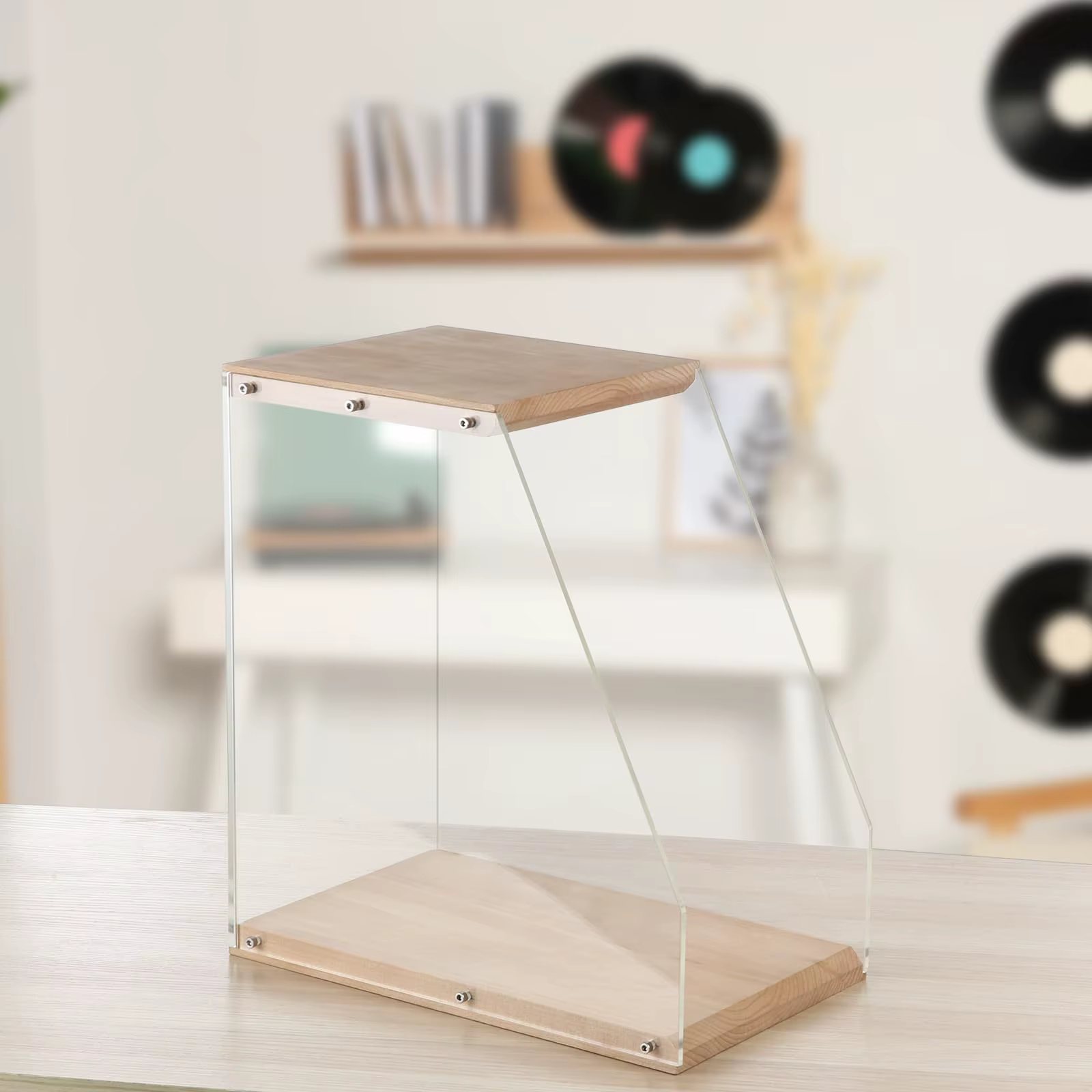 Stockage de disques vinyles, support d'album de disques vinyles, caisse de boîtier, caisse de disques LP en acrylique et en bois de bureau, peut contenir plus de 40 disques