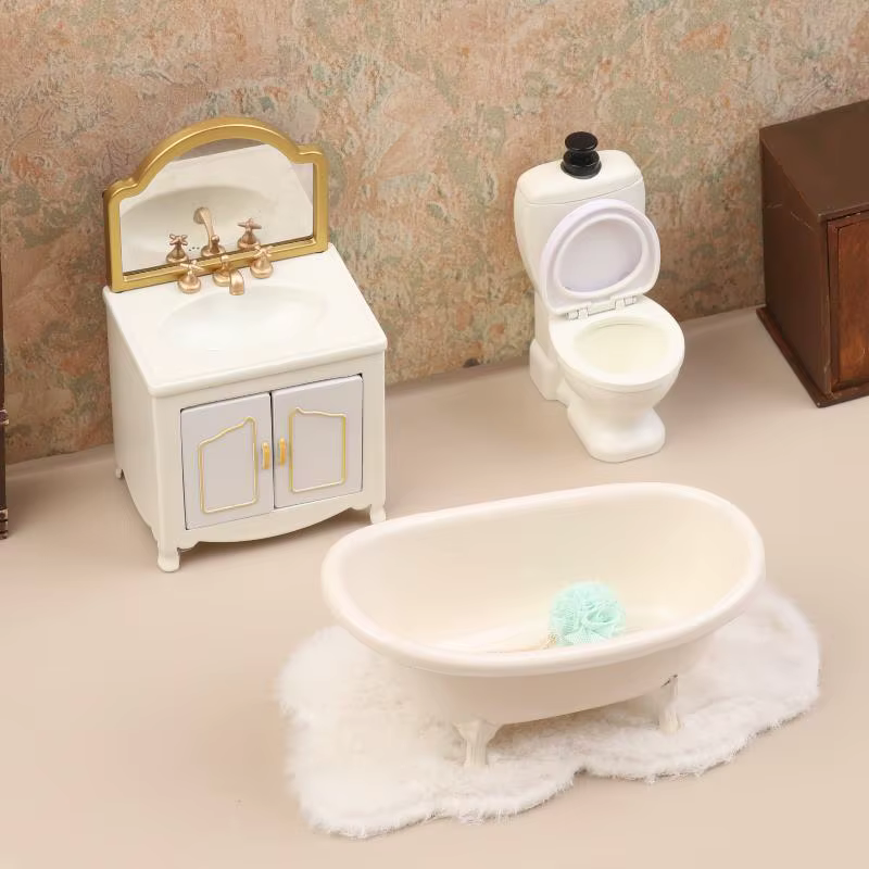 Modèle de meubles de salle de bain pour maison de poupée 1/12 : baignoire, toilettes, lavabo, armoire - Accessoires de décoration pour maison de poupée