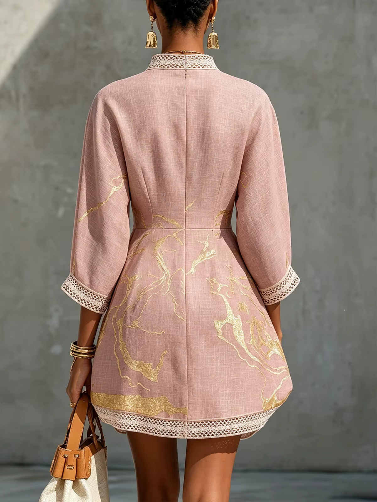 Mini-robe élégante pour femme, avec dentelle, col en V, imprimé abstrait, manches 3/4, poches, décontractée, pour le quotidien et les vacances