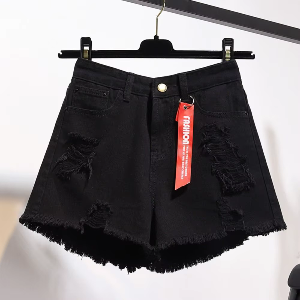 Shorts en jean tendance déchirés taille haute, polyvalents, avec ourlet effiloché et franges, 2024