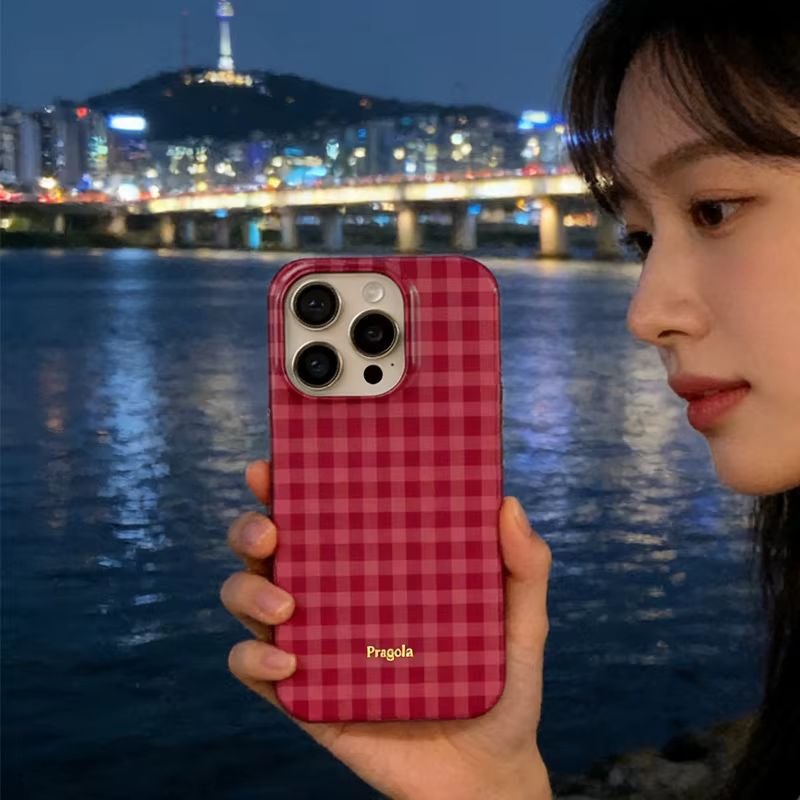 Coque Ins Rétro Minimaliste à Motif Carreaux Rose Rouge pour iPhone 11 13 14 15 16 17 Pro Max 12 Mini 7 8 Plus AIR XXS XR Y2K