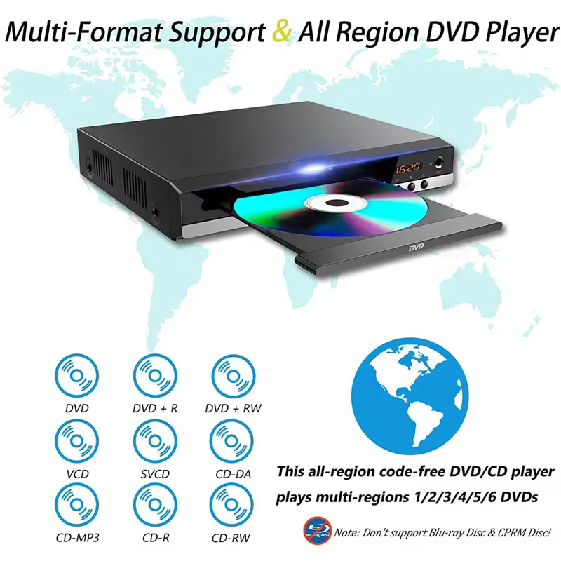 Lecteur DVD haute définition 1080P, boîtier de lecteur DVD domestique pour TV, toutes régions, lecteur de disques CD DVD gratuit, sortie AV, port micro intégré