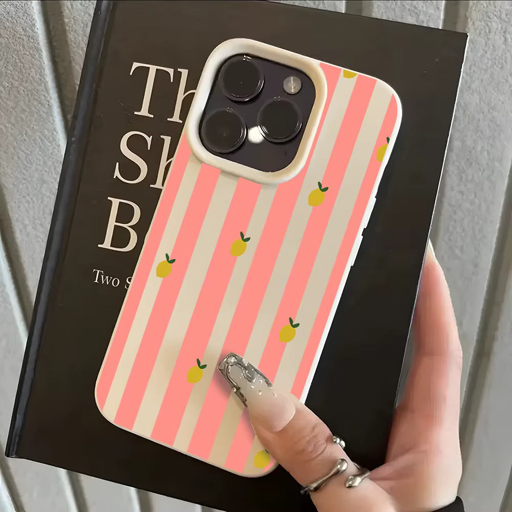 Coque de téléphone motif citron rayé rose beige pour iPhone 17 16 15 14 13 12 11 Pro Max 14 15 Plus 17 Air X Xs XR, Housse souple Litchi