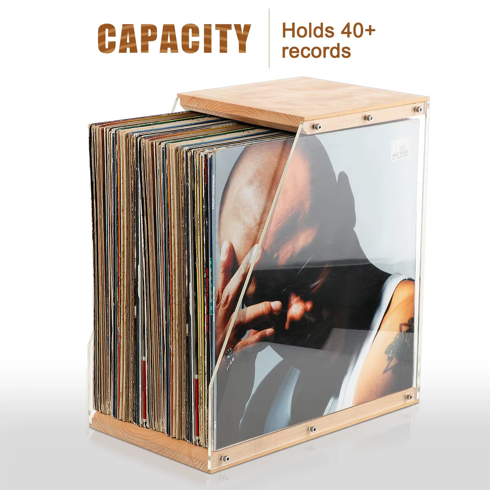 Stockage de disques vinyles, support d'album de disques vinyles, caisse de boîtier, caisse de disques LP en acrylique et en bois de bureau, peut contenir plus de 40 disques