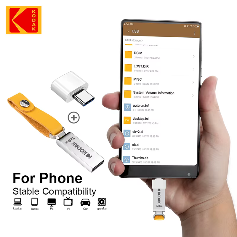 Clés USB KODAK Mini Metal 32 Go 64 Go 100 % originales avec cordon OTG pour clés, lecteur USB 2.0, clé USB pour adaptateur Type-C