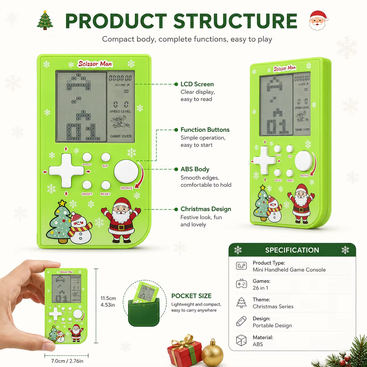 Mini console de jeu électronique rétro, 26 jeux, appareil de jeu portable, cadeau de vacances