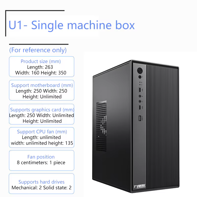 Mini boîtier d'ordinateur de bureau pour carte mère Micro-ATX/ITX, longueur de carte graphique GPU de 250mm, ventilateurs de refroidissement à air de 8cm, SSD + HDD.