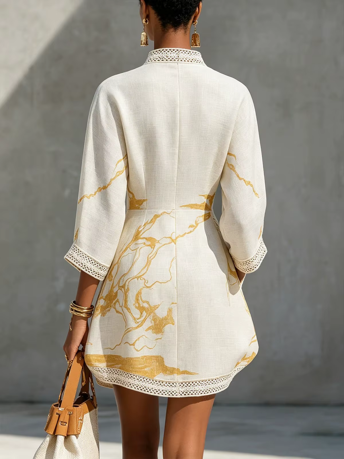 Mini-robe élégante pour femme, avec dentelle, col en V, imprimé abstrait, manches 3/4, poches, décontractée, pour le quotidien et les vacances
