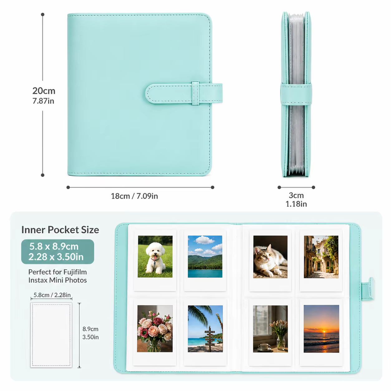 Album photo Polaroid 256 photos, 3 pouces - Couverture en cuir PU, compatible avec les films Fujifilm Instax Mini, les cartes, les billets - Plusieurs couleurs