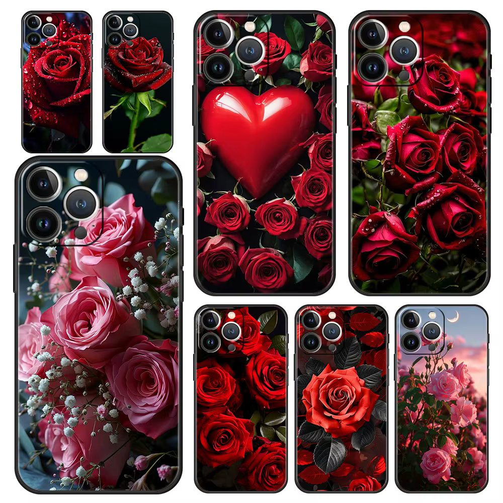 Coque de téléphone de luxe avec belles fleurs de roses rouges, étui noir pour iPhone 15 16 14 13 12 mini 11 Pro Max XS X XR SE 7 8 Plus