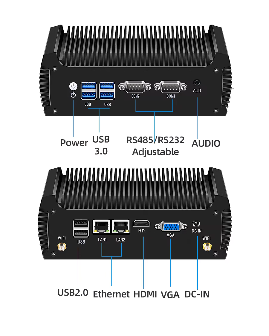 Mini PC industriel sans ventilateur Intel I3-8130U I5-8250U 2x DB9 RS232 RS485 2x LAN 6x USB Mini PCIe GPIO WiFi 4G LTE Win10/11 Linux