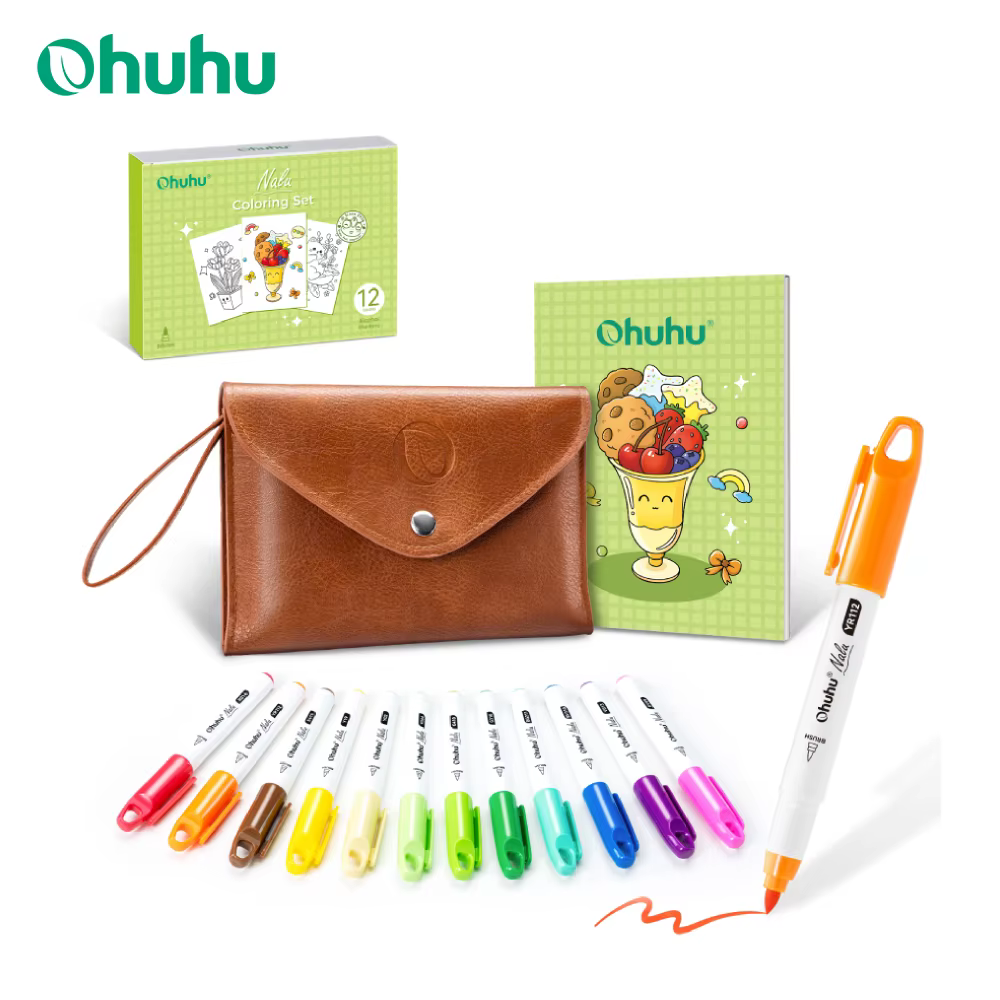 Kit de marqueurs alcool mini Ohuhu pointe pinceau 12 couleurs | Set de coloriage de poche voyage avec livre de coloriage et étui réutilisable Nalu